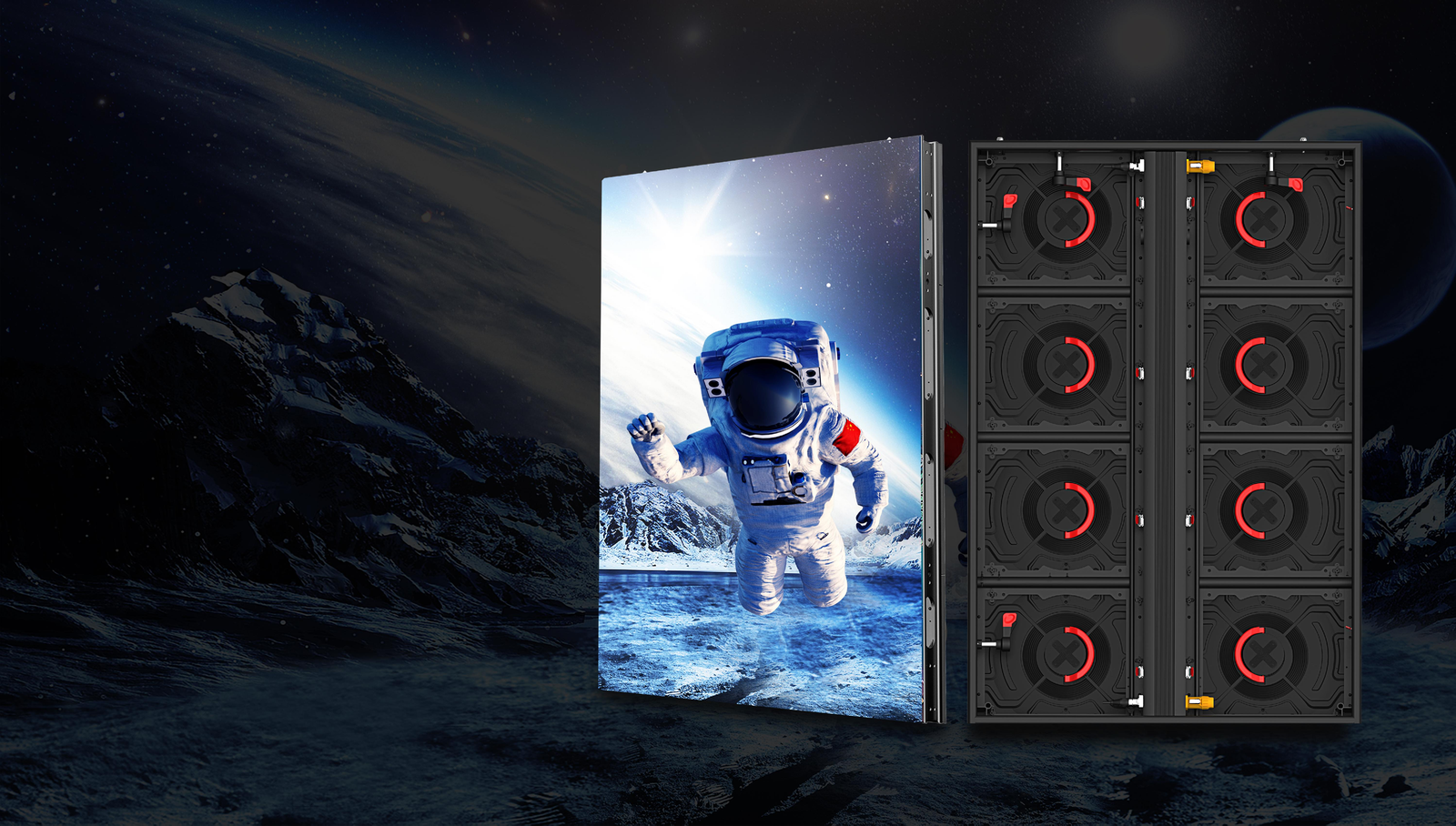 ES Series LED cabinet showing an astronaut image beside its rear panel