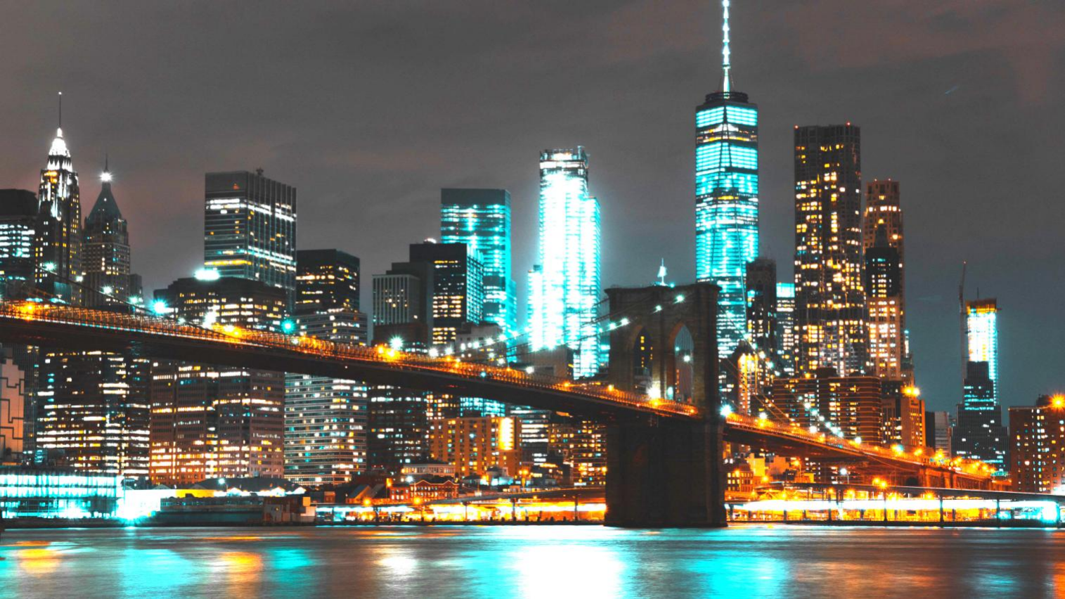 City skyline at night with low grey scale